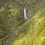 Hidden Kauai waterfalls that were featured in the movie "Jurassic Park" as viewed from a helicopter tour